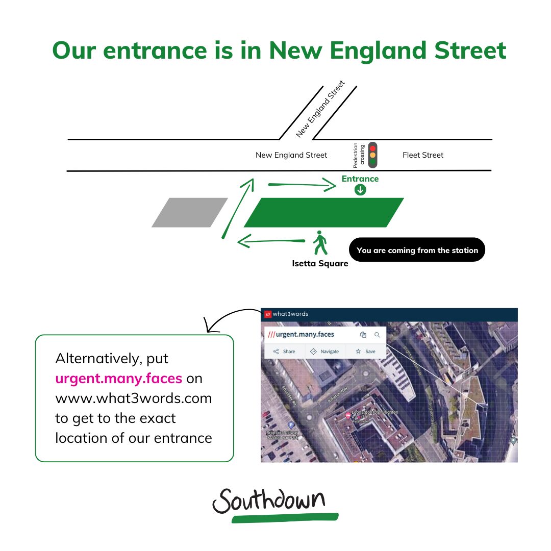 Illustrated map showing directions to Southdown's entrance at Isetta Square, Brighton, located on New England Street. The map highlights the path from the station and indicates the exact entrance using a What3Words address: urgent.many.faces. An aerial view of the location is also included for reference.