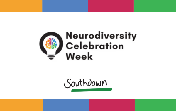 Neurodiversity Celebration Week logo in blank font on white background with stripes of yellow, blue, red and green at top and bottom