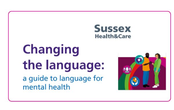 A digital banner for Sussex Health & Care titled 'Changing the language: a guide to language for mental health.' The design features a pink border, bold purple and blue text, and an illustration of two people shaking hands, with icons representing community, support, and wellbeing